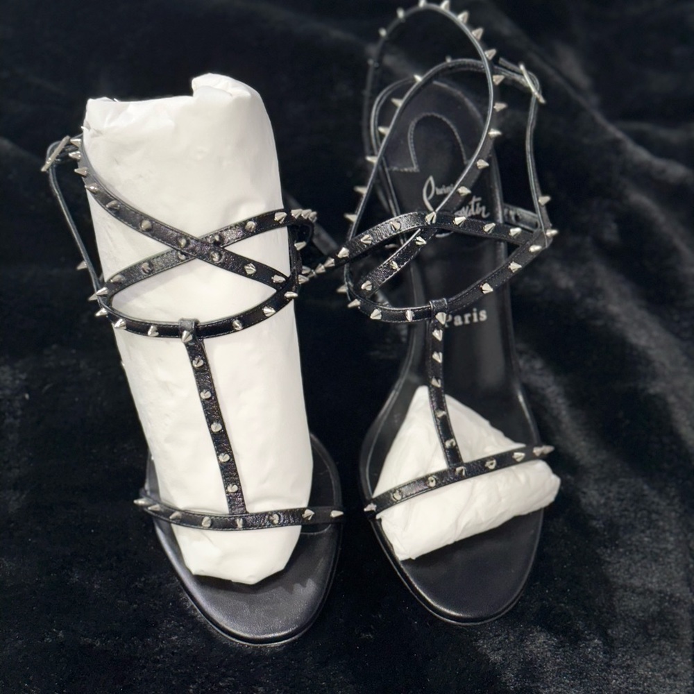 Christian Louboutin Black Studded Strappy Stiletto Sandals with Red Soles - Picture 8 of 10